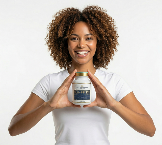 Woman holding a supplement bottle with a plain background